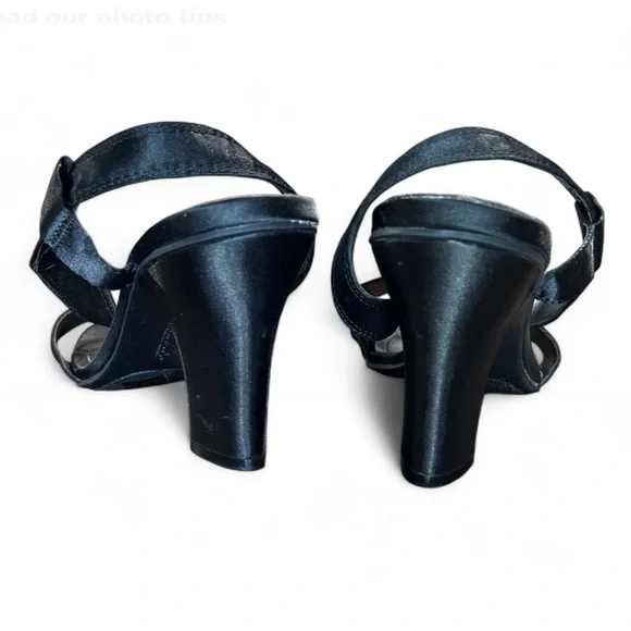 AMERICAN EAGLE Black Satin Heeled Sandals With Ankle Strap 6 1/2 Good Condition - Picture 5 of 8